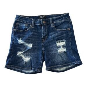 JUDY BLUE Mid Rise Distressed Shorts indigo blue denim Women 5” length L